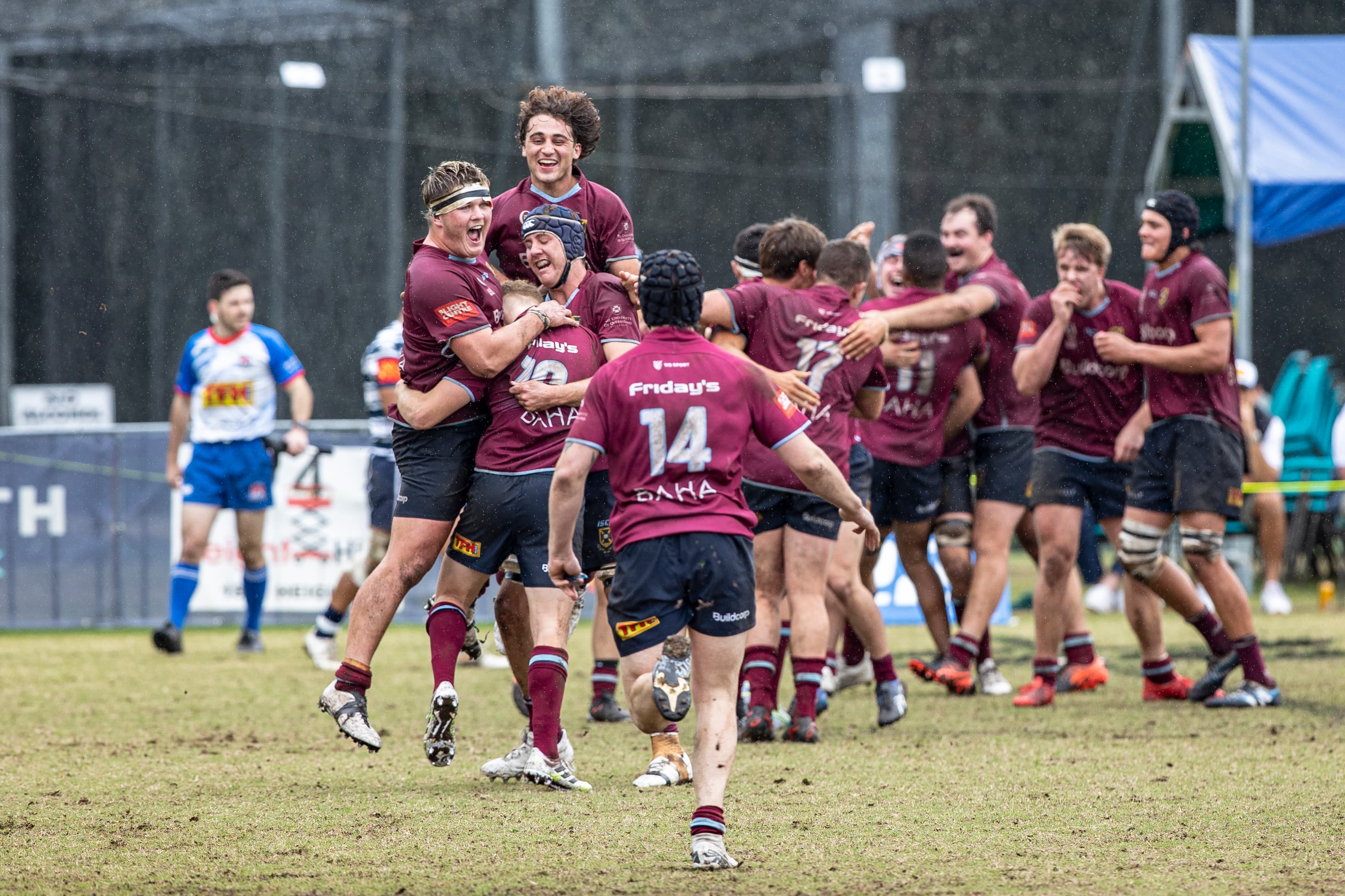 UQ celebrate their major semi-final win over Brothers. Photo: QRU Media/Brendan Hertel.