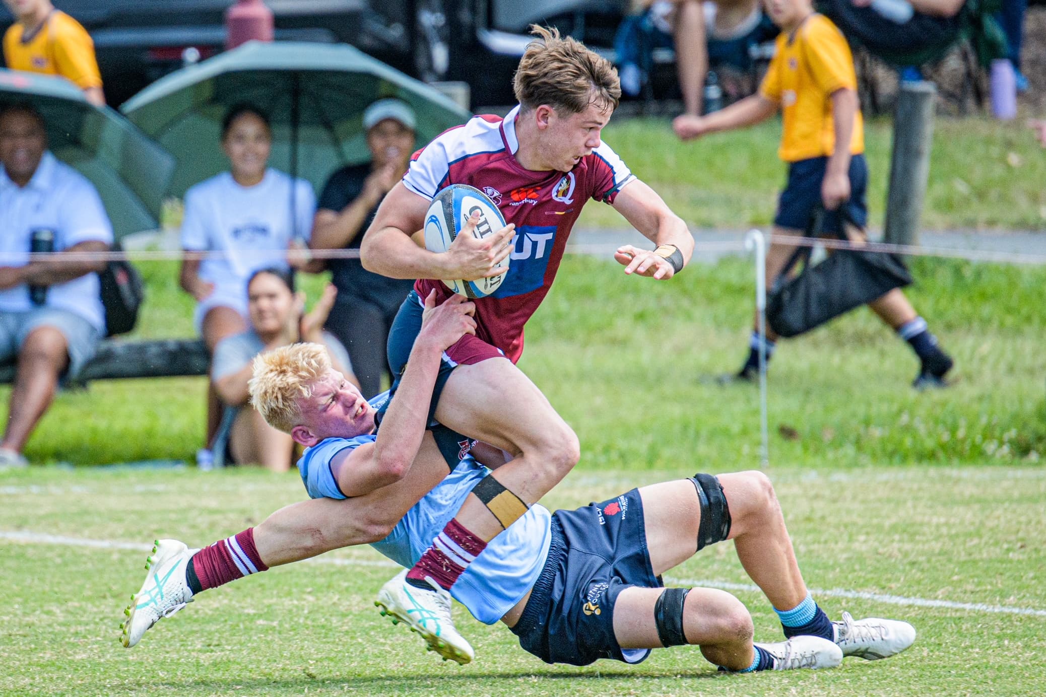 Nudgee College's Billy Spicer on the charge for the Reds U15s against NSW at Ballymore on Sunday. Photo: James Auclair, Reds Media