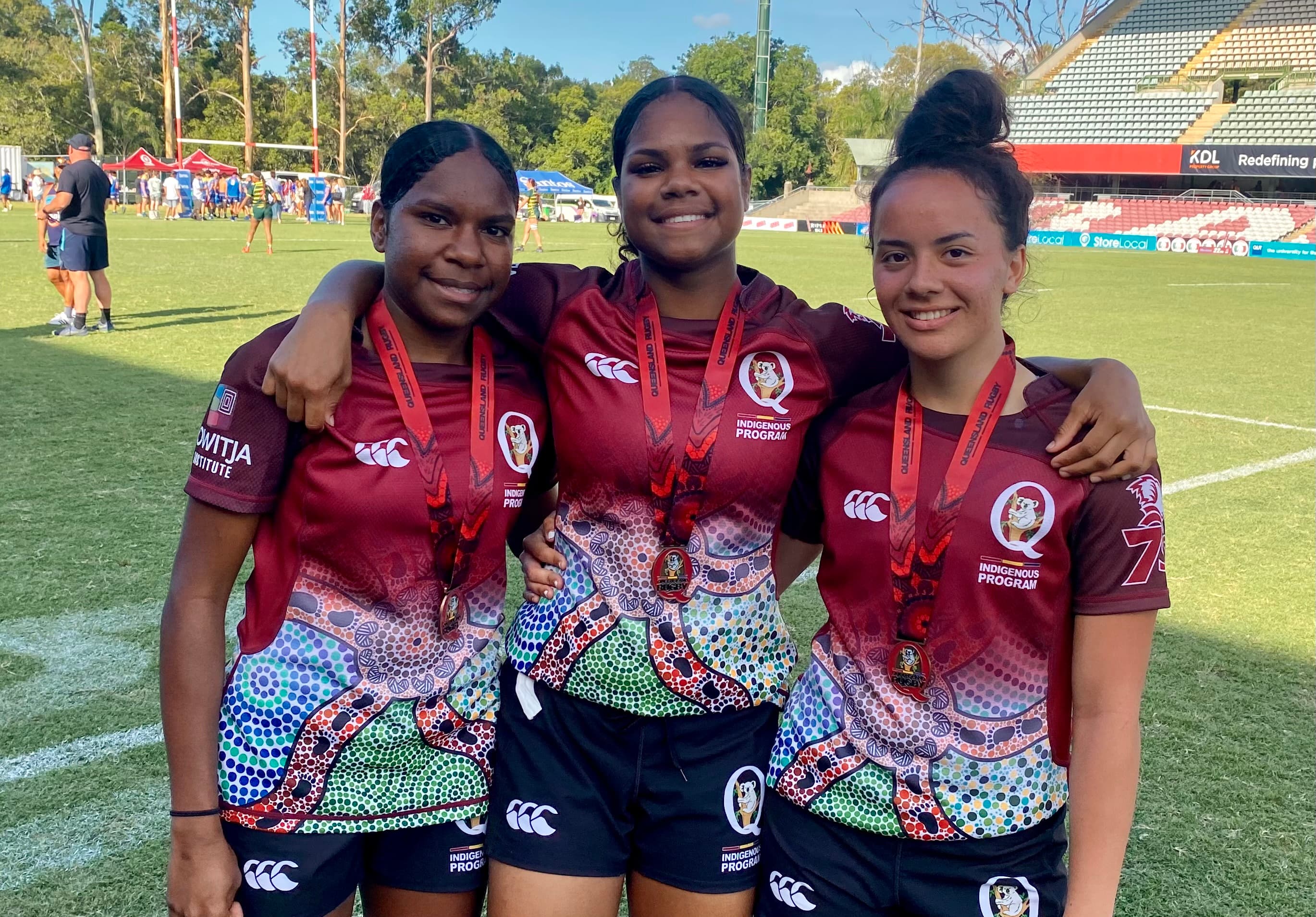 Proud U17s bronze medallists (from left) Emmalena Ingui, Alexandra Kulla Kulla and Marley Morgan at the State 7s at Ballymore