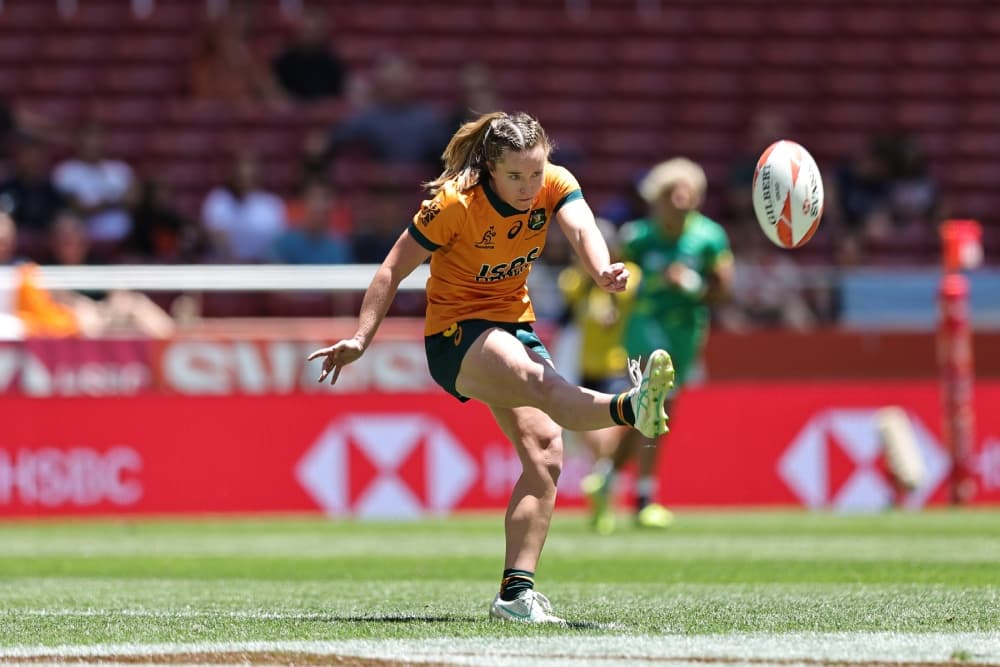 Tia Hinds' conversion has given Australia the win over New Zealand in the SVNS semi-finals. Photo: World Rugby