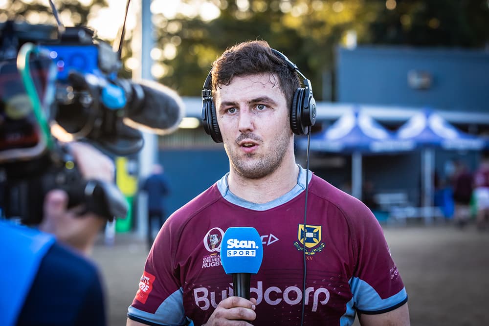 UQ captain Pat Morrey being interviewed following the Red Heavies' win over Brothers.