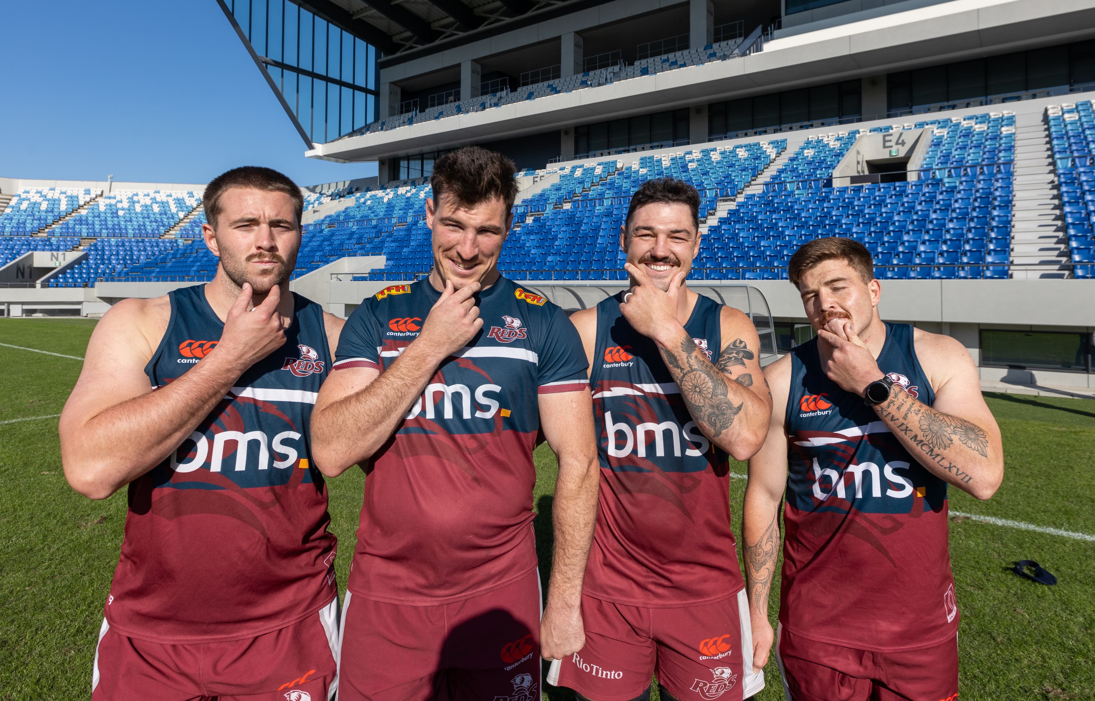 Movember arriving on schedule for Reds captain Ryan Smith (second from left) and pack mates Joe Brial, Connor Vest and Kohan Herbert in Kumagaya