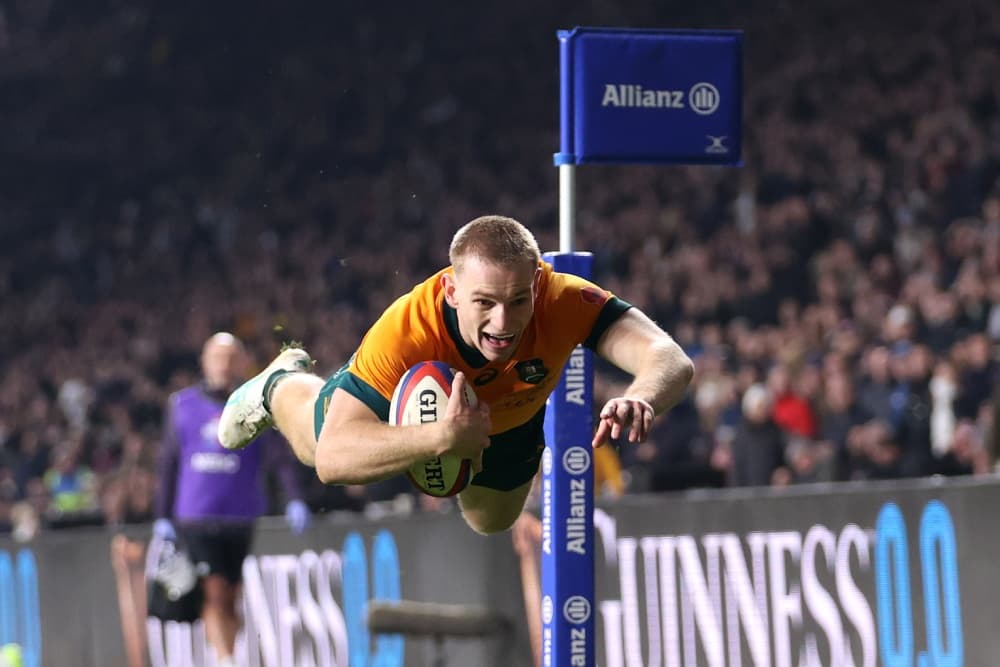 Max Jorgensen swandives over for the game-winner against England. Photo: Getty Images