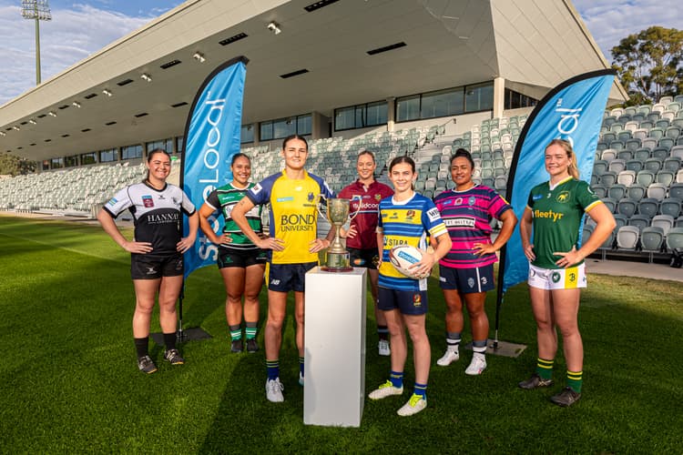 StoreLocal Founders Cup launch with (from left) Alecia Pienaar (Souths), Ana Drotini (Sunnybank), Elisha Godsiff (Bond Uni), Lauren Robinson (UQ), Abbi Spooner (Easts), Cristo Taufua (Brothers) and Dillyn Blackburn (Wests)     