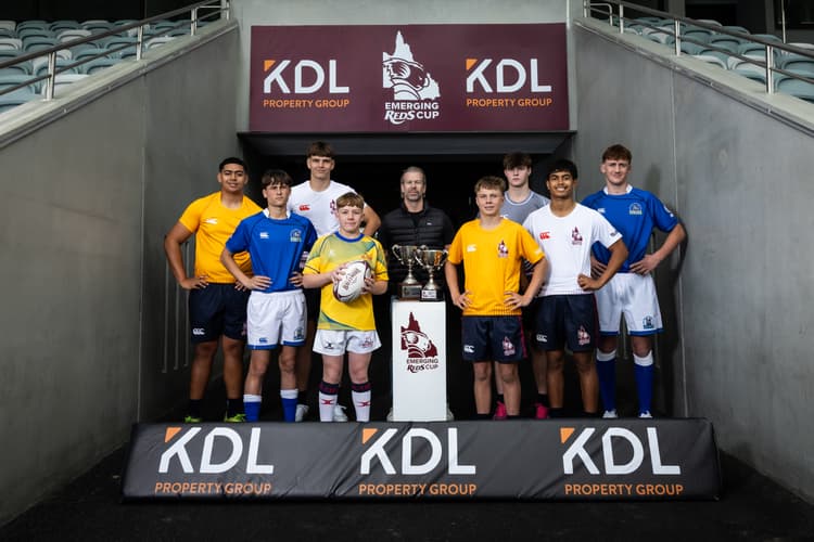 KDL Property Group Managing Director Kent Leicester announces a three-year sponsorship of the Emerging Reds Cup at Ballymore Stadium with representatives of the eight teams 