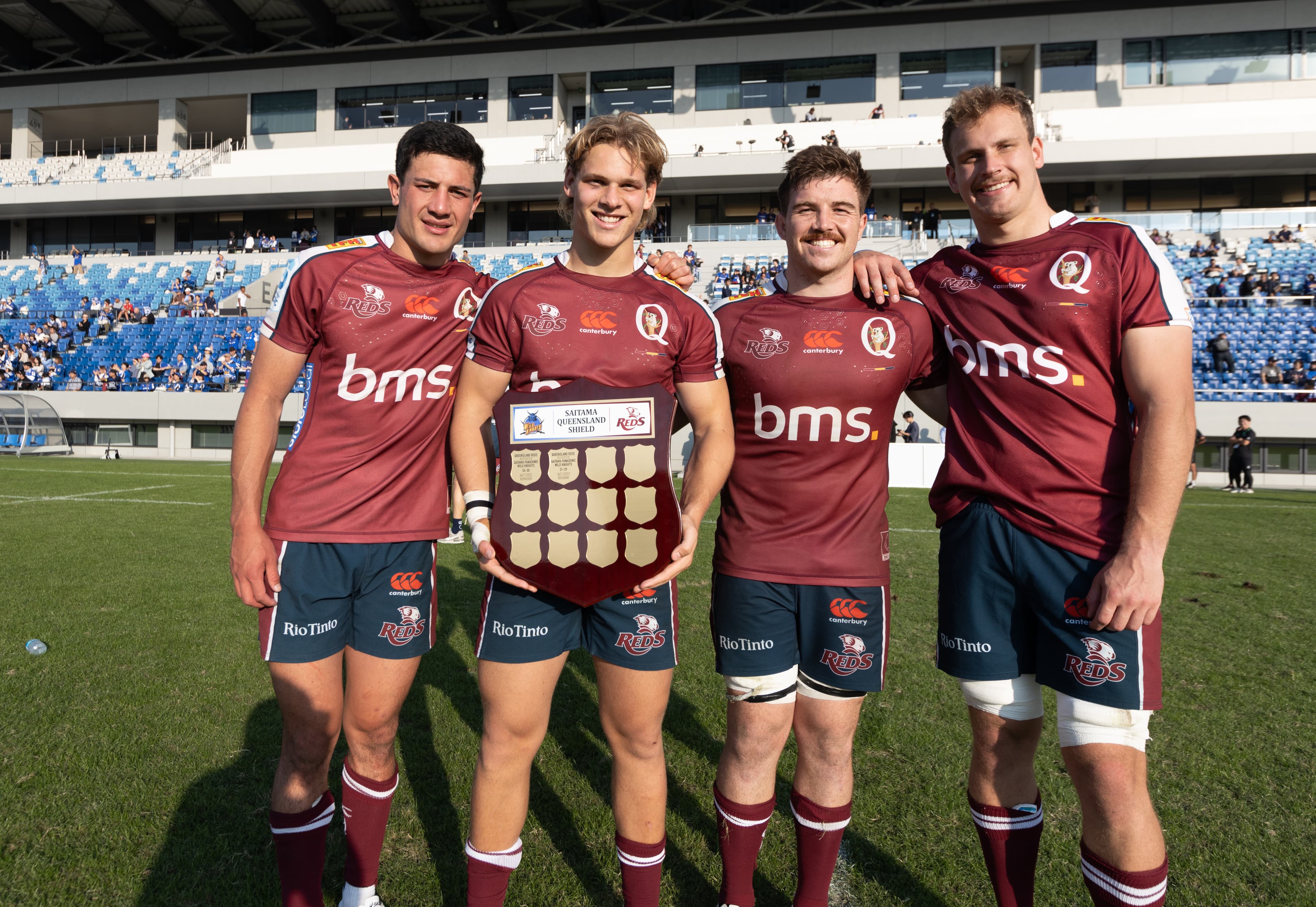 Reds debutants (from left) Heremaia Murray, Frankie Goldsbrough, Kohan Herbert and Hamish Muller savour winning the Saitama-Queensland Shield in Kumagaya