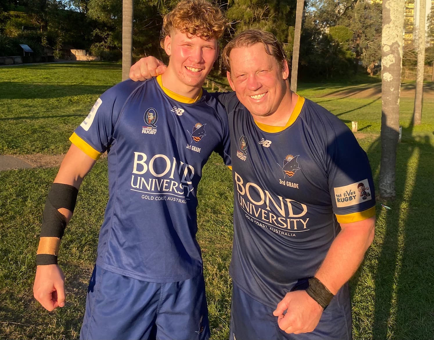 Father and son off to the grand final...Bond University's Scharl du Plessis (left) and father Petrus. 