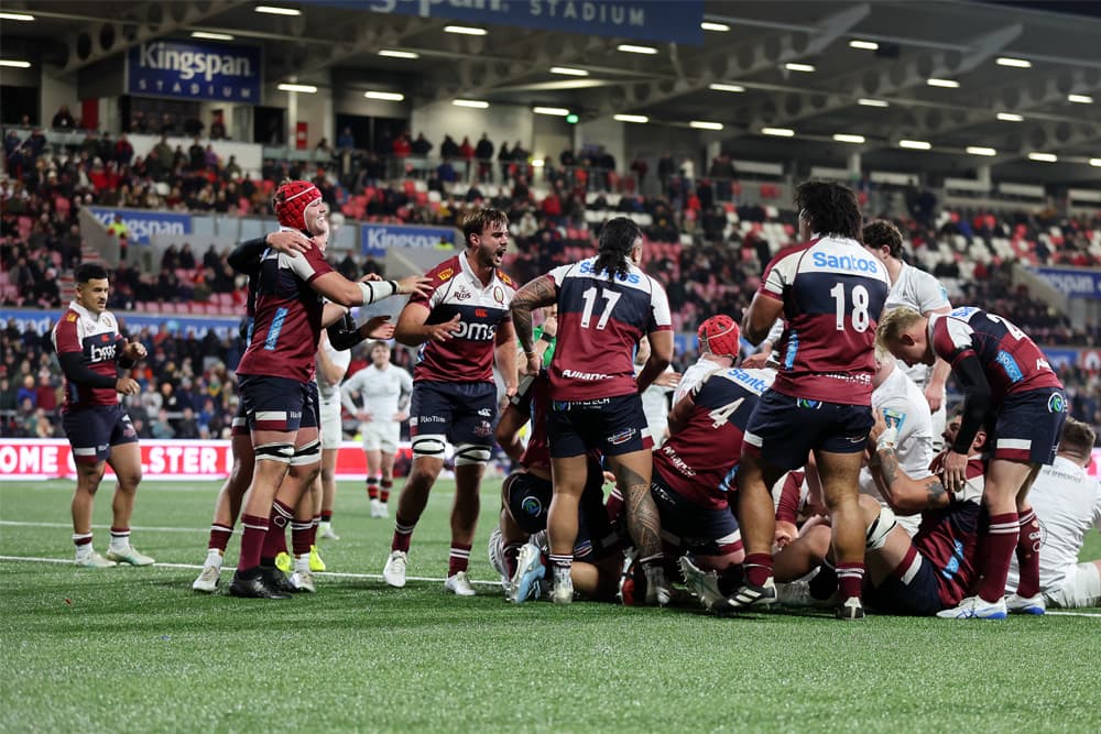 The Reds celebrate repelling Ulster on full-time in Belfast. Image: John Dickson/Ulster Rugby