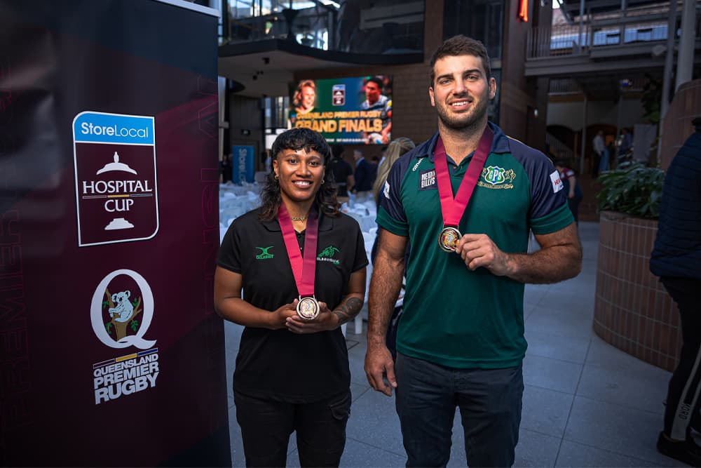 Ana Afuie (left) and Matt Gicquel received top honours at the Queensland Premier Rugby Grand Final Breakfast