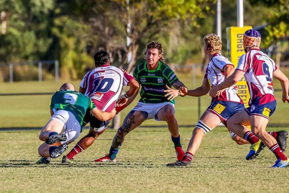 USC's Matt Macaulay lines up in defence for the Barbarians against Noosa. Photo: Adrian Bell Photography