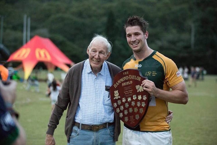 Alby Taylor at a presentation of the Hammond-Taylor Shield with former Wests captain Jeremiah Lynch.