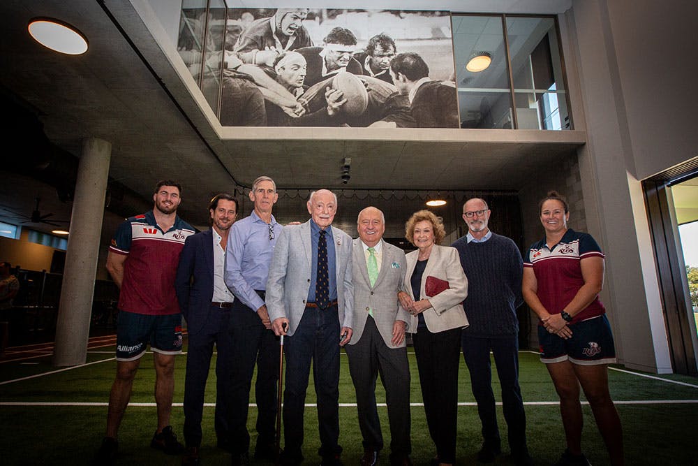 Liam Wright, Brett Clark, Roger Gould, Alec Evans, Alan Jones AO, Kay Evans, Andrew Slack and Shannon Parry inside the newly unveiled Alec Evans Gymnasium at Ballymore. Photo: QRU/Tom Mitchell
