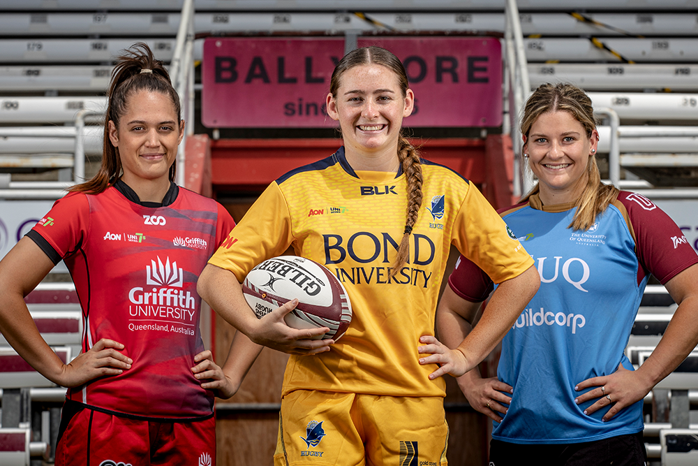 Griffith University, Bond University and the University of Queensland will be in action at Easts for this weekend's Aon Uni 7s series. Photo: QRU Media/Brendan Hertel.