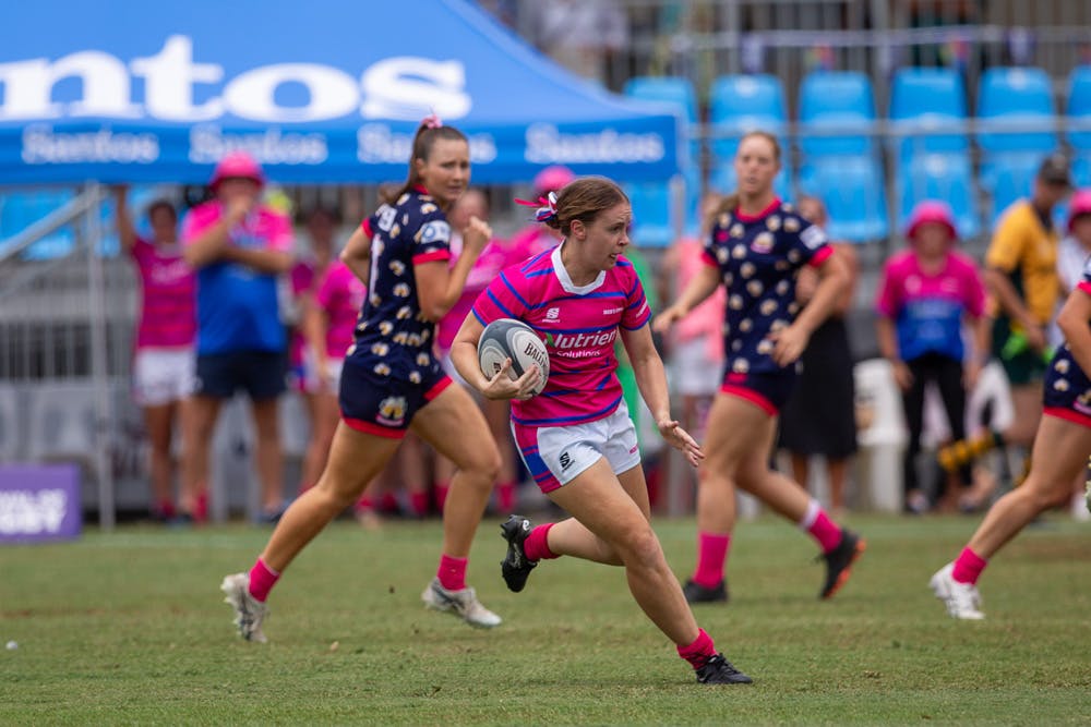 Paige Carpenter on the charge for Jack’s Chicks in the sevens at the Santos Festival of Rugby