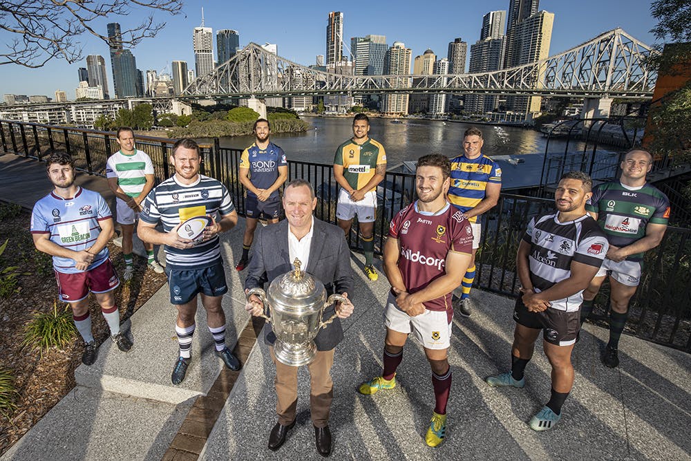 Healthia Chief Operating Officer Tony Ganter with Hospital Challenge Cup players from each club ahead of Round 1. 
