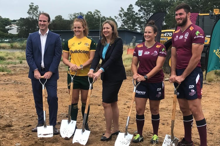 Breaking ground on the new Ballymore project...(from left) Queensland Rugby Union chief executive David Hanham, Reds player Aleena Greenhalgh, Queensland Premier Annastacia Palaszczuk, Reds women's captain Shannon Parry and Reds captain Liam Wright. 